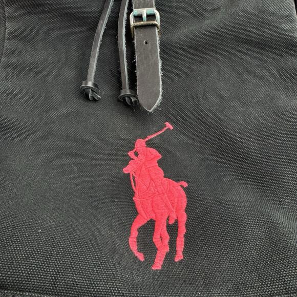Vtg Polo Ralph Lauren Backpack Embroidered BigPony Logo Black Red Canvas Leather - Picture 3 of 11